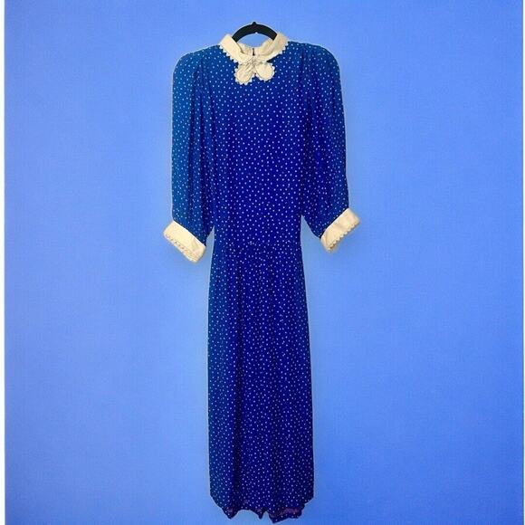 Vintage Blue Dress Polka Dots Peter Pan Collar Whimsical Rare Find - Picture 12 of 16